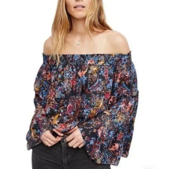 Free People Free Spirited Off The Shoulder Top Bell Sleeve Boho Floral Blouse XS - Picture 7 of 15